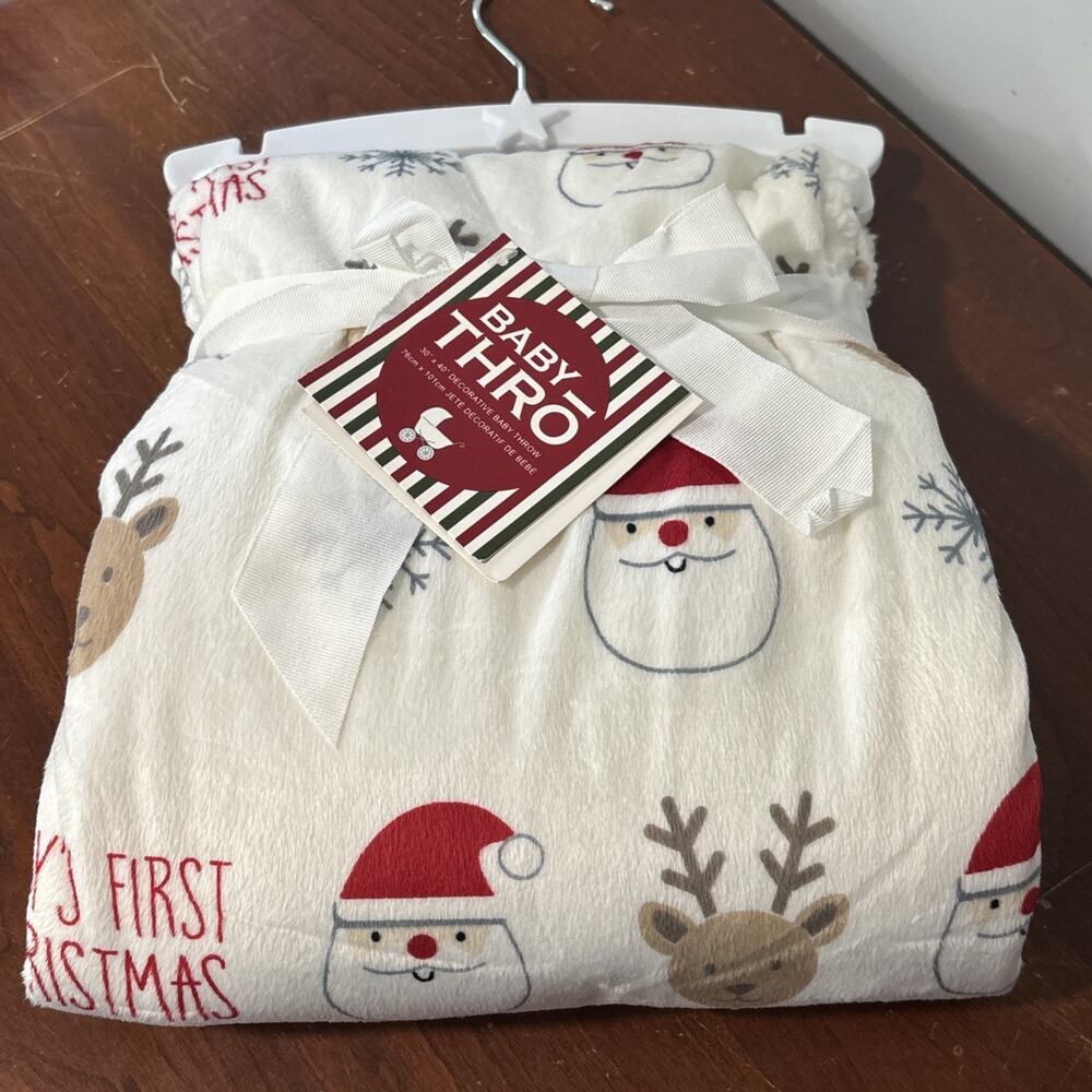 Baby Thro Baby’s First Christmas Plush Sherpa Blanket Santa Reindeer Snowflake